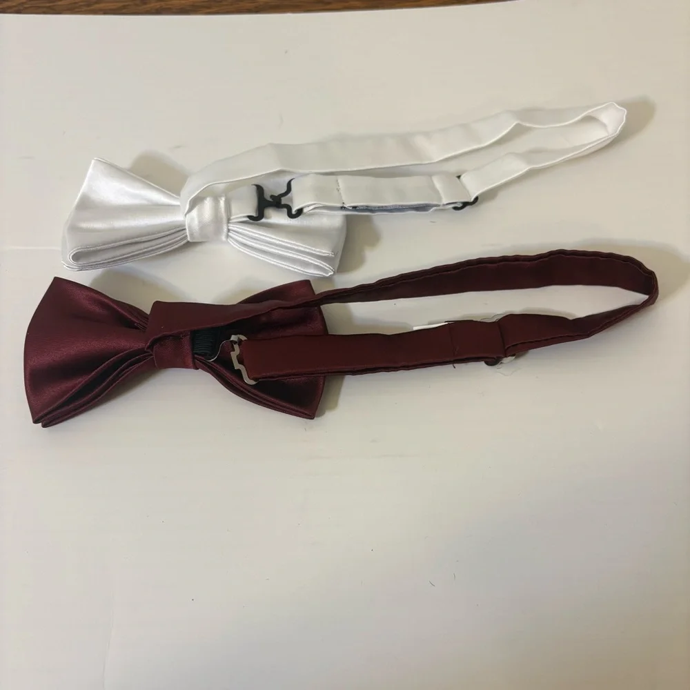 Men's Satin Bow Tie Set White & Burgundy Adjustable One Size Formal Dress